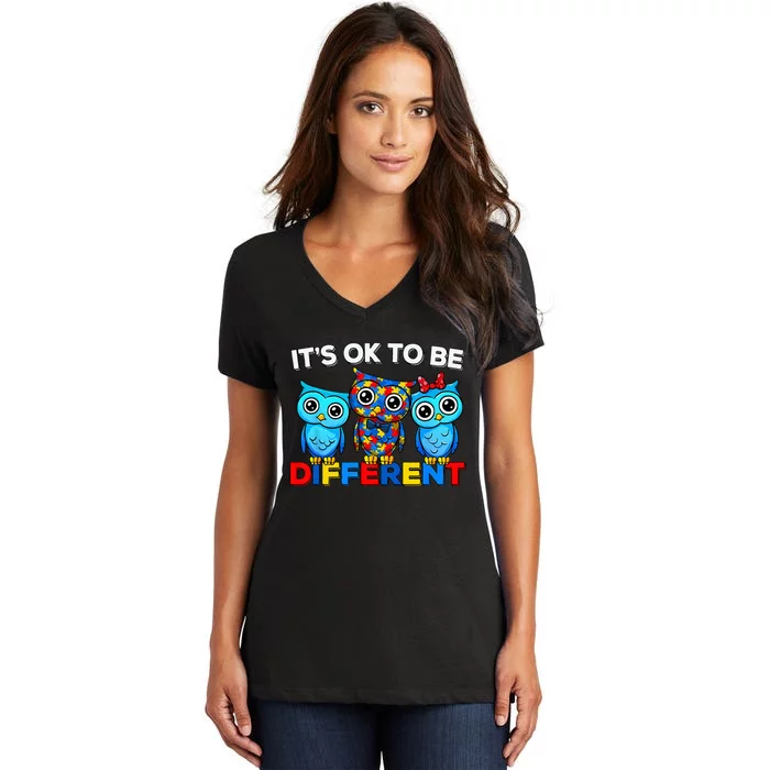 Autism Awareness Cute Owl Animal It's Ok To Be Different Women's V-Neck T-Shirt