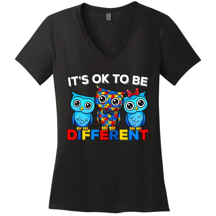 Autism Awareness Cute Owl Animal It's Ok To Be Different Women's V-Neck T-Shirt