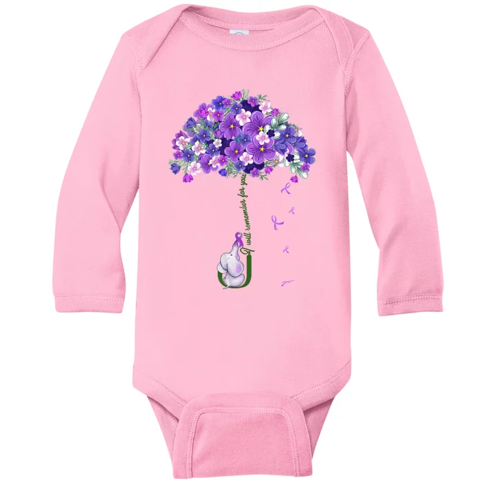 Alzheimer Awareness Cute Elephant I Will Remember For You Baby Long Sleeve Bodysuit