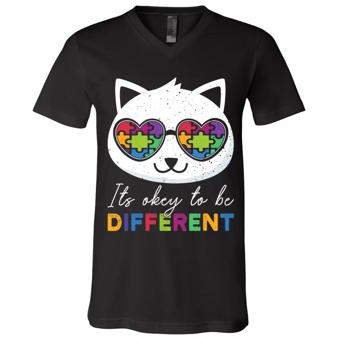 Autism Awareness Cat Warrior It's Ok To Be Different V-Neck T-Shirt