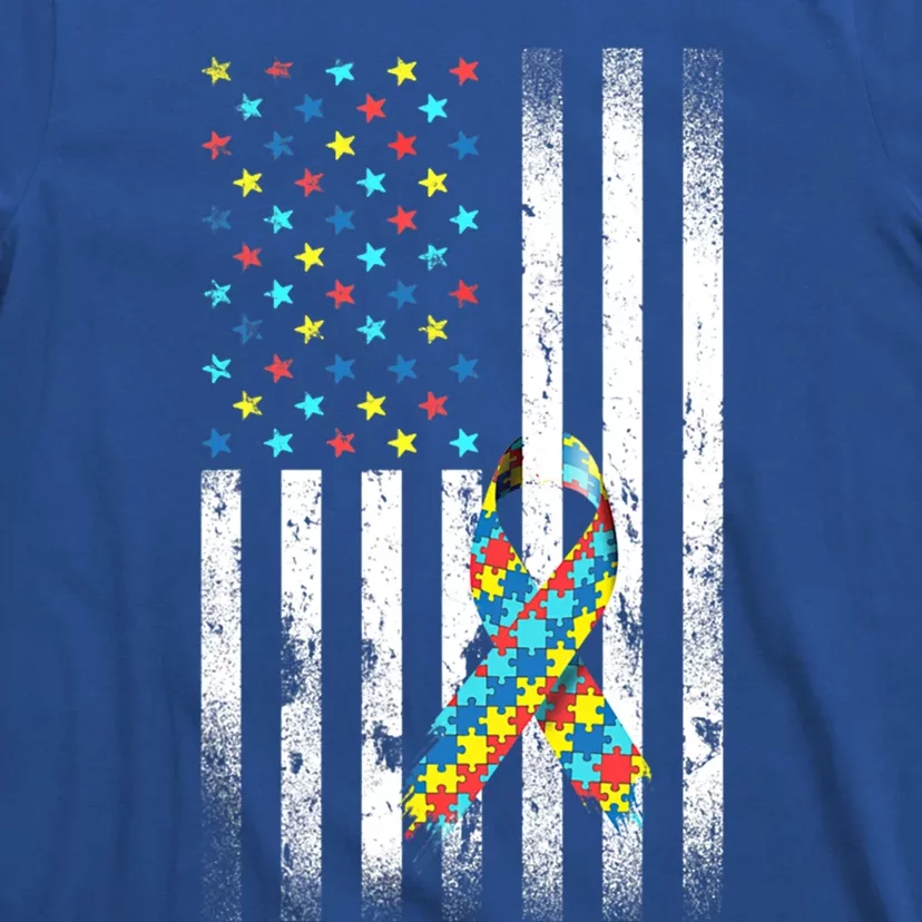 Autism Awareness Day Distressed American Flag Puzzle Ribbon Great Gift T-Shirt