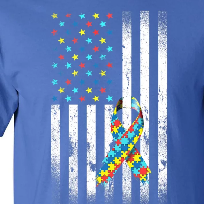 Autism Awareness Day Distressed American Flag Puzzle Ribbon Great Gift Tall T-Shirt