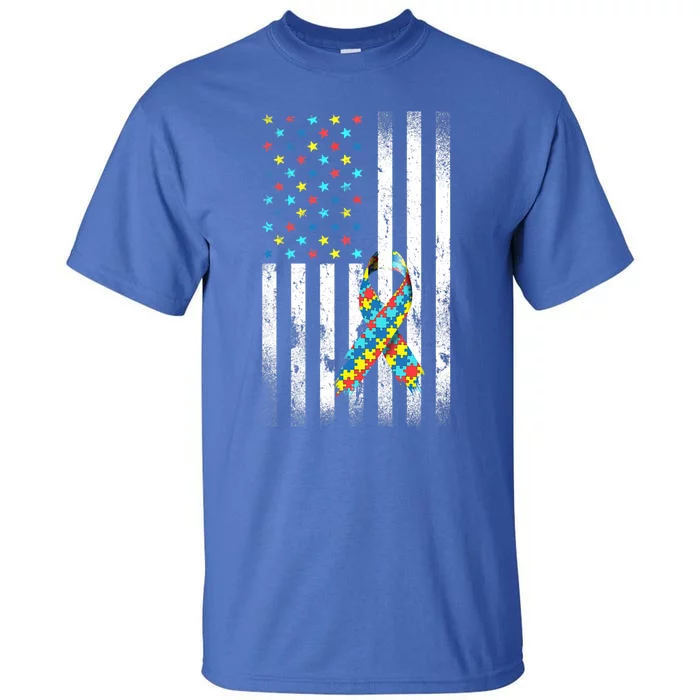 Autism Awareness Day Distressed American Flag Puzzle Ribbon Great Gift Tall T-Shirt