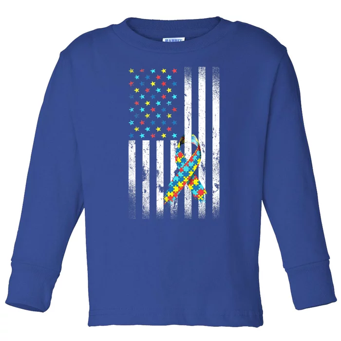 Autism Awareness Day Distressed American Flag Puzzle Ribbon Great Gift Toddler Long Sleeve Shirt