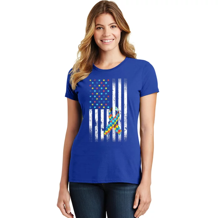 Autism Awareness Day Distressed American Flag Puzzle Ribbon Great Gift Women's T-Shirt