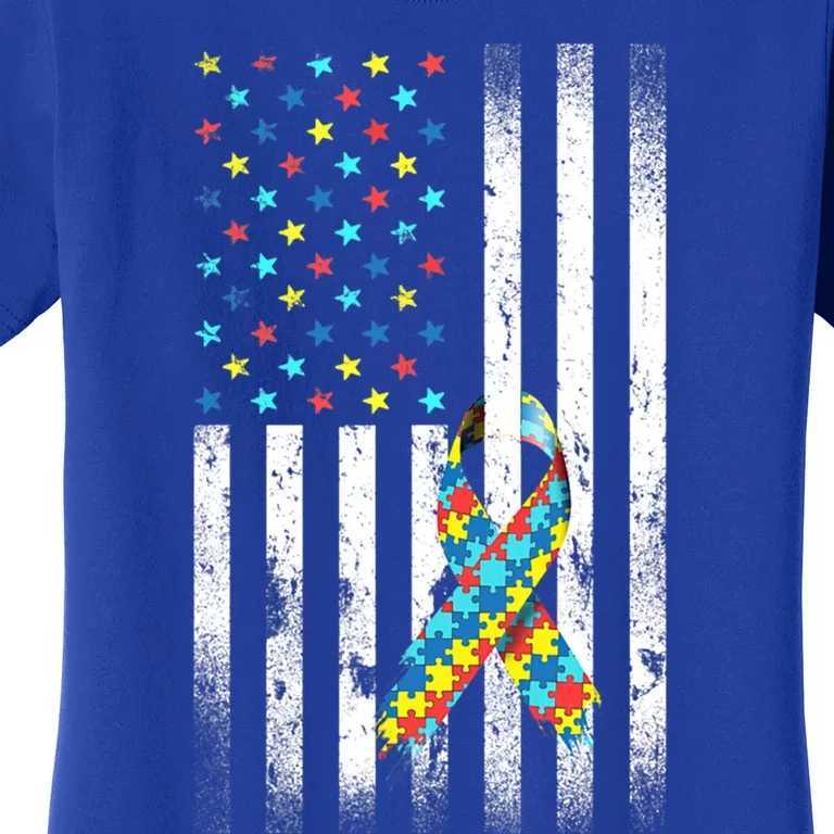 Autism Awareness Day Distressed American Flag Puzzle Ribbon Great Gift Women's T-Shirt