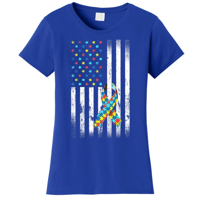 Autism Awareness Day Distressed American Flag Puzzle Ribbon Great Gift Women's T-Shirt