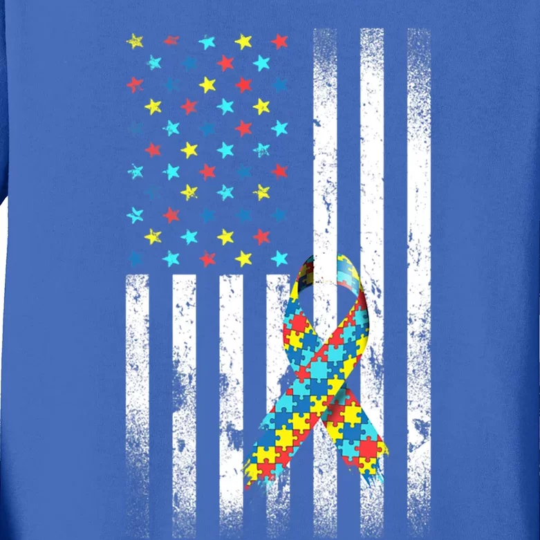 Autism Awareness Day Distressed American Flag Puzzle Ribbon Great Gift Kids Long Sleeve Shirt