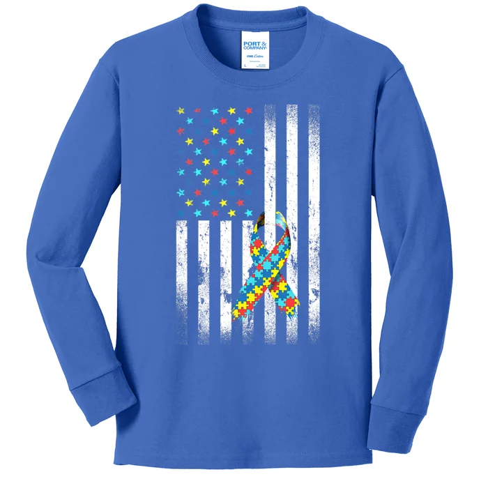 Autism Awareness Day Distressed American Flag Puzzle Ribbon Great Gift Kids Long Sleeve Shirt