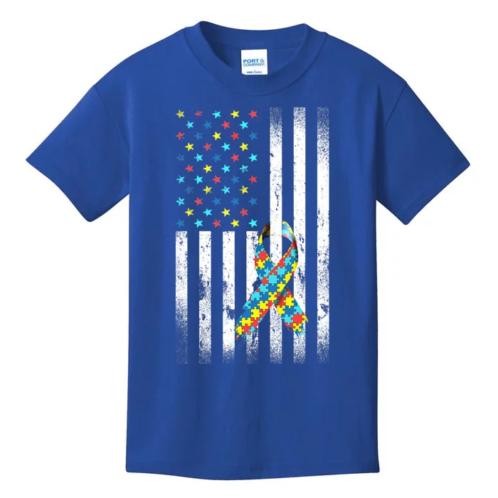 Autism Awareness Day Distressed American Flag Puzzle Ribbon Great Gift Kids T-Shirt