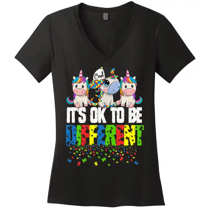 Autism Awareness Day Unicorn Gift It's Ok To Be Different Women's V-Neck T-Shirt