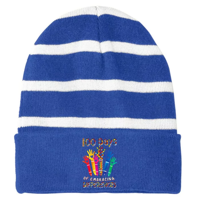 Autism Awareness Day Embrace Differences 100 Days Of School Cute Gift Striped Beanie with Solid Band