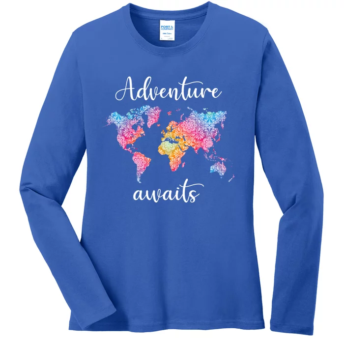 Adventure Awaits Dala World Map Travel Outdoor Camping Gift Ladies Long Sleeve Shirt