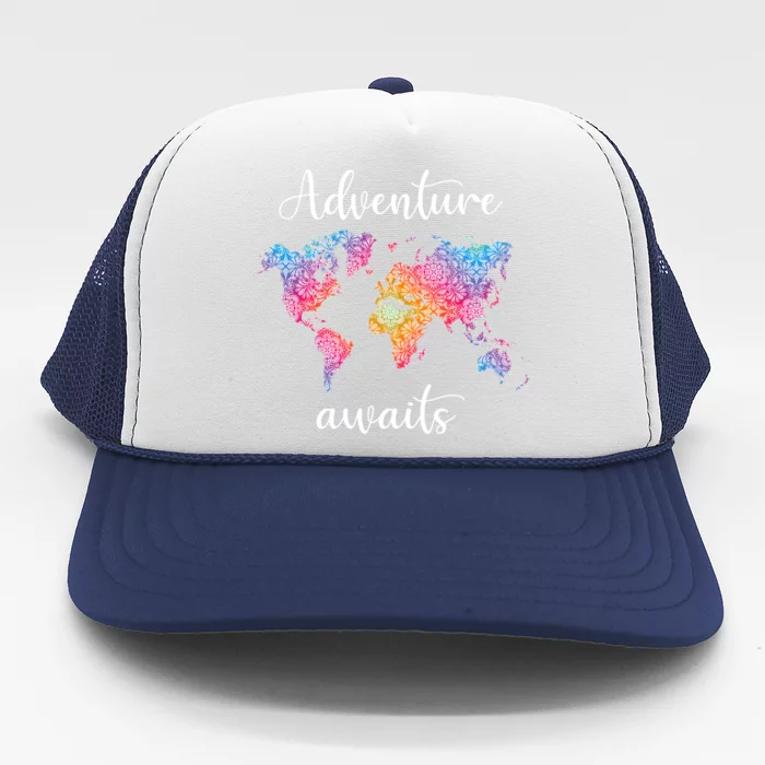 Adventure Awaits Dala World Map Travel Outdoor Camping Gift Trucker Hat