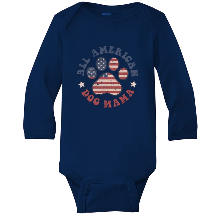 All American Dog Mama Retro | Dog Paw Flag Baby Long Sleeve Bodysuit