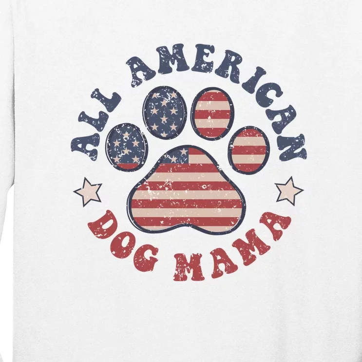 All American Dog Mama Retro | Dog Paw Flag Long Sleeve Shirt