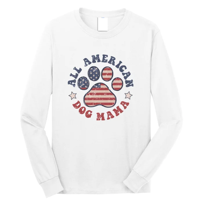 All American Dog Mama Retro | Dog Paw Flag Long Sleeve Shirt