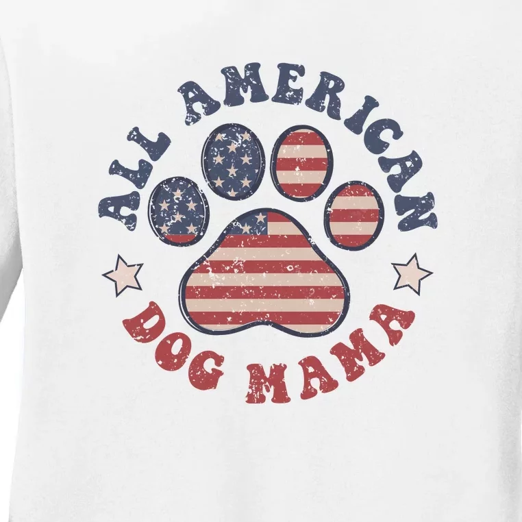 All American Dog Mama Retro | Dog Paw Flag Ladies Long Sleeve Shirt