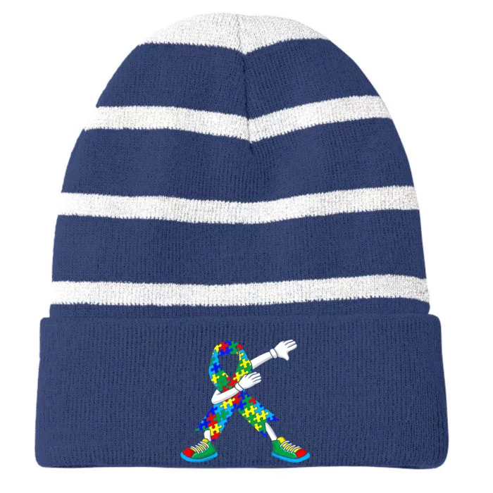 Autism Awareness Dabbing Puzzle Piece Love Dab Dance Striped Beanie with Solid Band