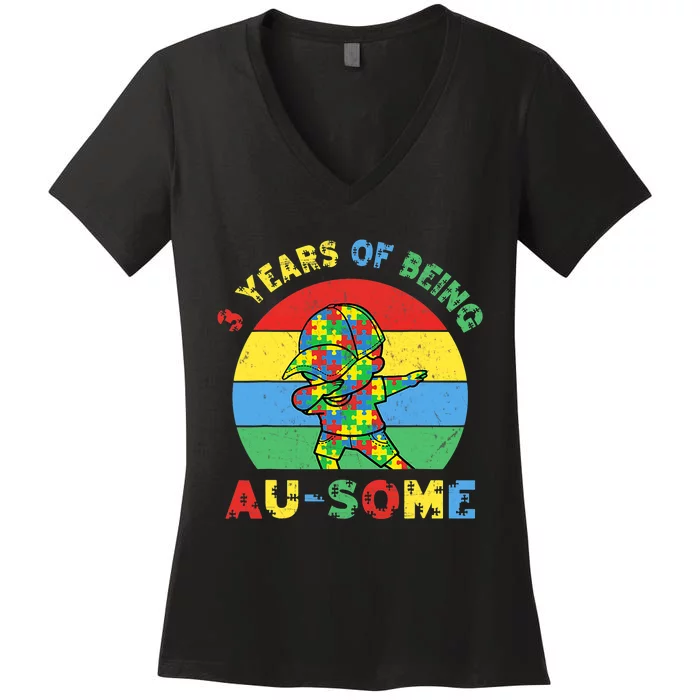 Autism Awareness Dabbing Awesome 3 Year Old 3rd Birthday Women's V-Neck T-Shirt