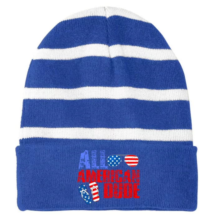 All American Dude Patriotic Usa Flag Grunge Style Gift Striped Beanie with Solid Band