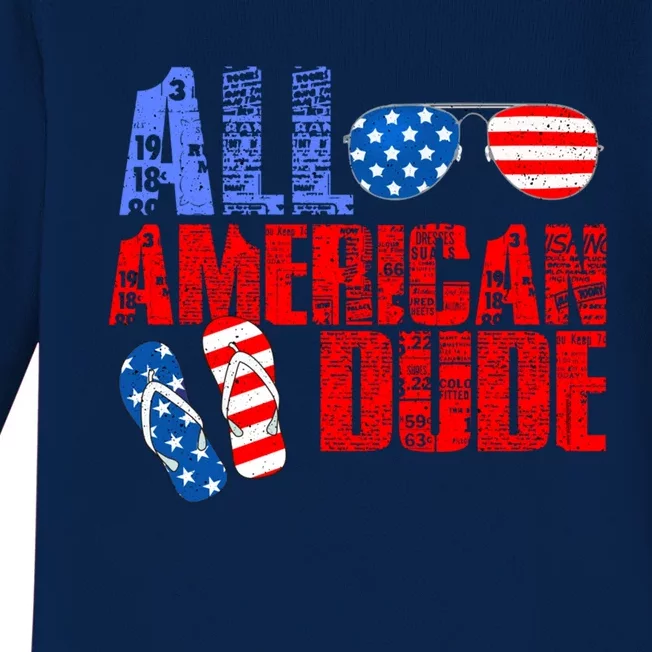 All American Dude Patriotic Usa Flag Grunge Style Gift Baby Long Sleeve Bodysuit