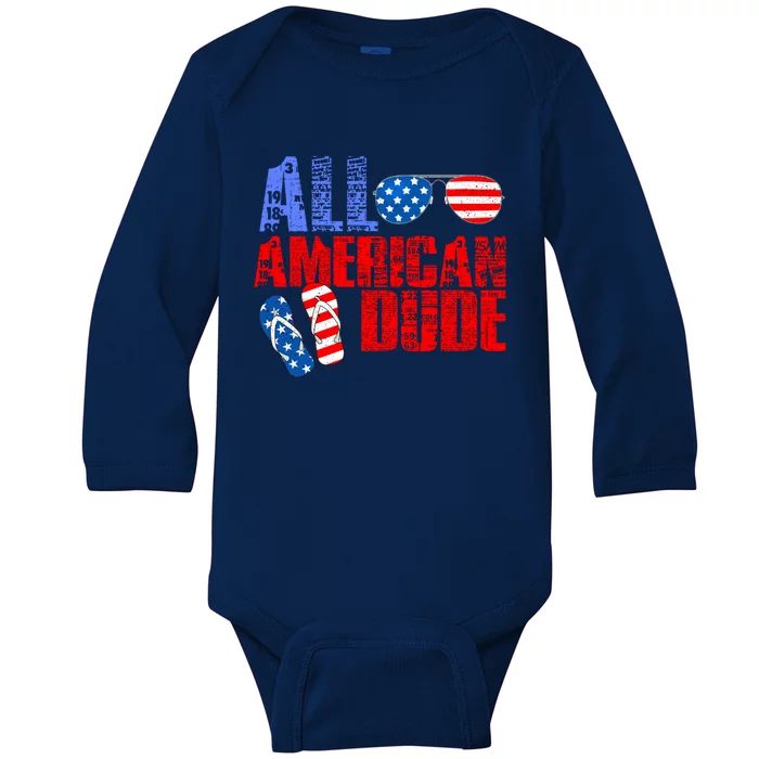 All American Dude Patriotic Usa Flag Grunge Style Gift Baby Long Sleeve Bodysuit