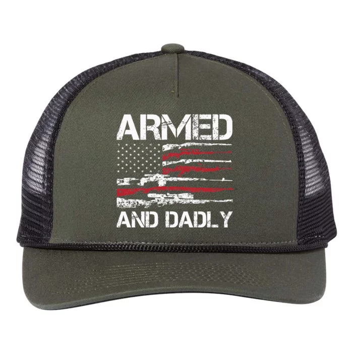 Armed And Dadly Funny Deadly Father For Fathers Day USA Flag Retro Rope Trucker Hat Cap