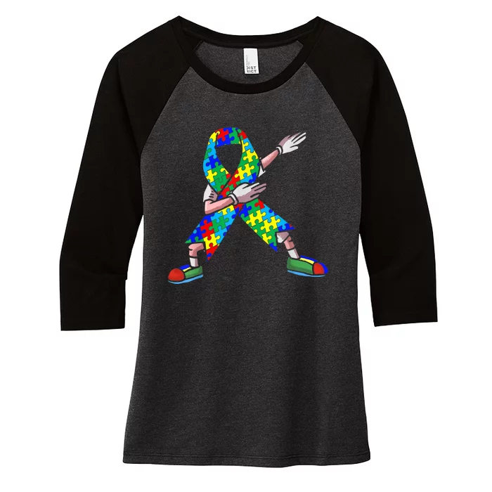 Autism Awareness Dabbing Puzzle Piece Love Dab Dance Women's Tri-Blend 3/4-Sleeve Raglan Shirt