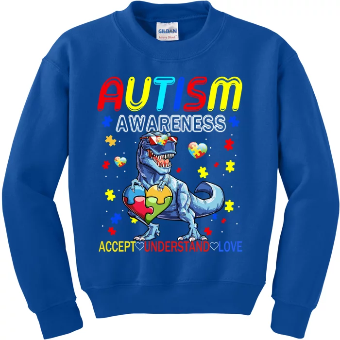 Autism Awareness Day T Rex Dinosaur Puzzle Piece Cool Gift Kids Sweatshirt