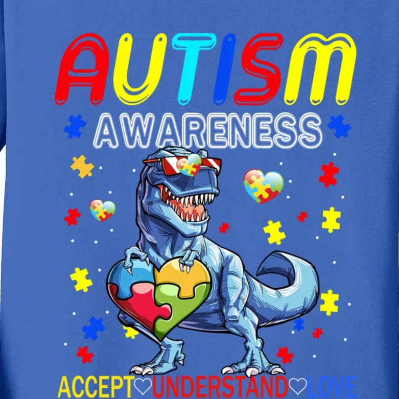 Autism Awareness Day T Rex Dinosaur Puzzle Piece Cool Gift Kids Long Sleeve Shirt