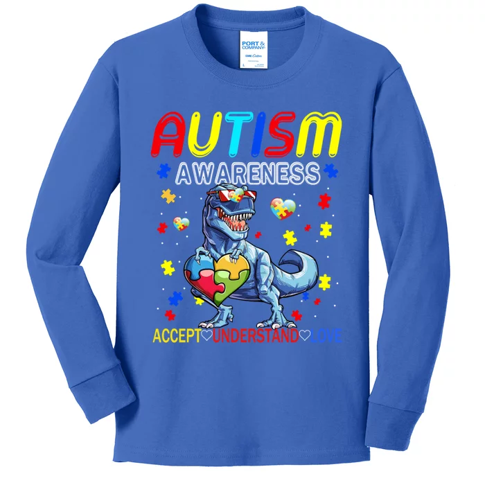 Autism Awareness Day T Rex Dinosaur Puzzle Piece Cool Gift Kids Long Sleeve Shirt