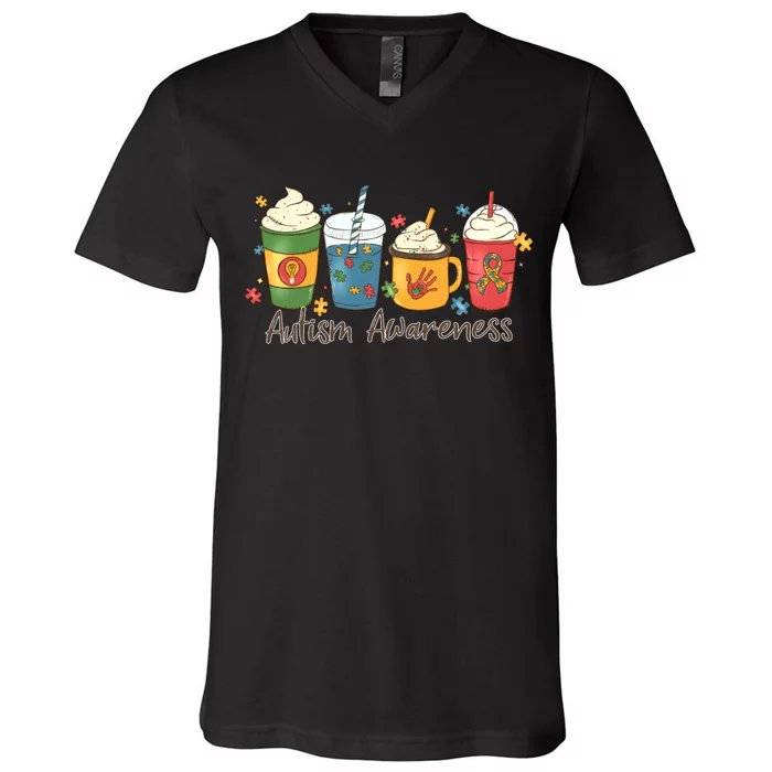 Autism Awareness Day Coffee Cups V-Neck T-Shirt