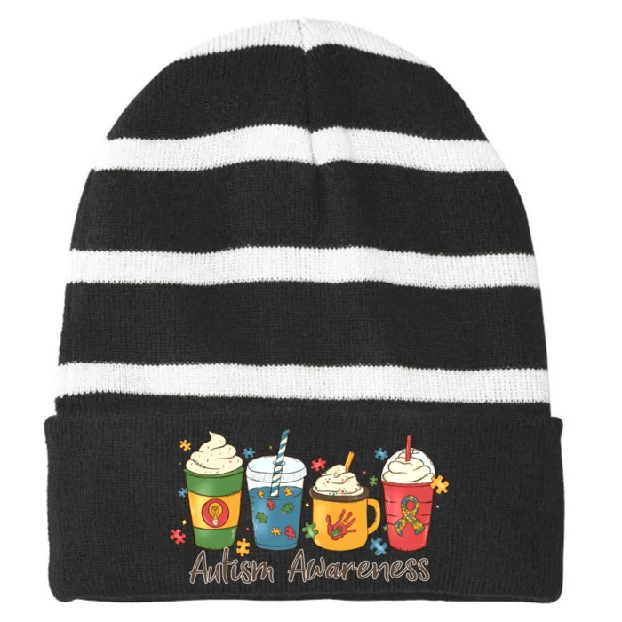 Autism Awareness Day Coffee Cups Striped Beanie with Solid Band