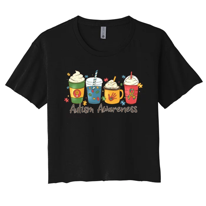 Autism Awareness Day Coffee Cups Women's Crop Top Tee