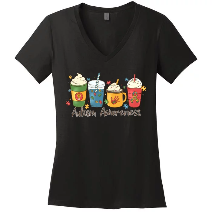 Autism Awareness Day Coffee Cups Women's V-Neck T-Shirt