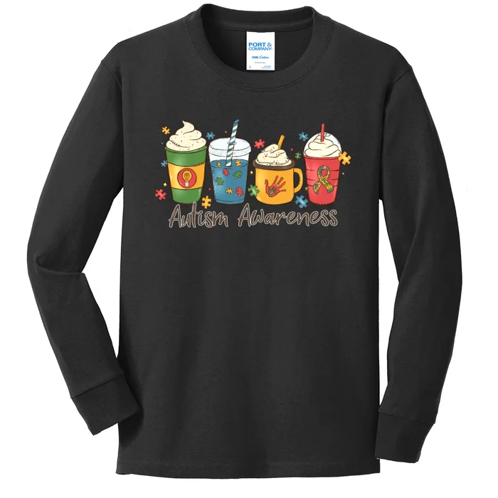 Autism Awareness Day Coffee Cups Kids Long Sleeve Shirt