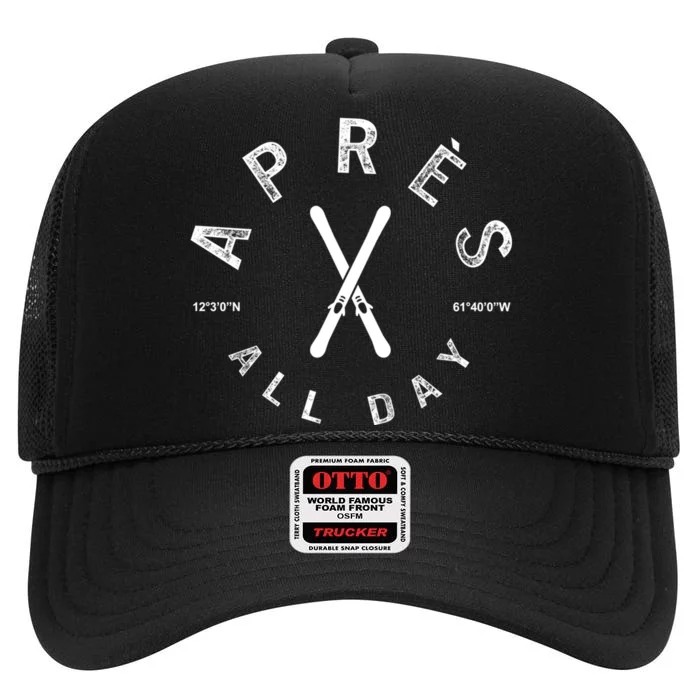 Apres All Day Winter Sports Apres Ski Lover Skiing Men Skier High Crown Mesh Trucker Hat