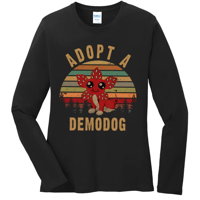 Adopt A Demodog Hell Fire Club Vintage Trending Upside Down Stranger Ladies Long Sleeve Shirt