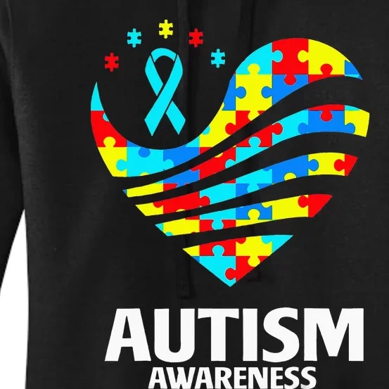 Autism Awareness Day Puzzle Pieces Heart Blue Ribbon Women's Pullover Hoodie