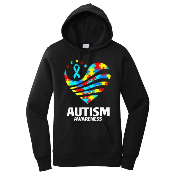 Autism Awareness Day Puzzle Pieces Heart Blue Ribbon Women's Pullover Hoodie