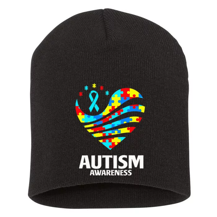 Autism Awareness Day Puzzle Pieces Heart Blue Ribbon Short Acrylic Beanie