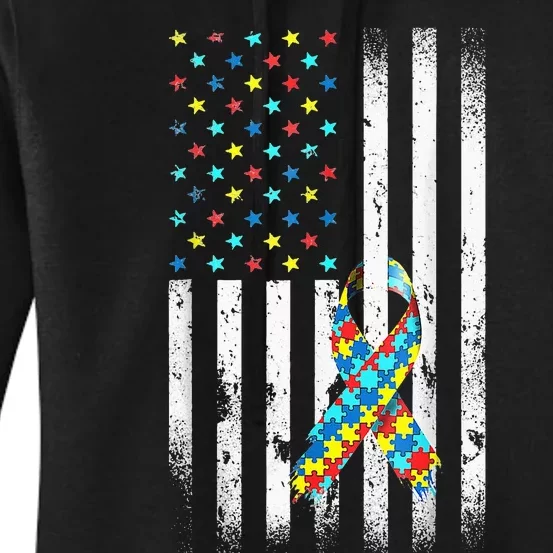 Autism Awareness Distressed American Flag Puzzle Ribbon Women's Pullover Hoodie