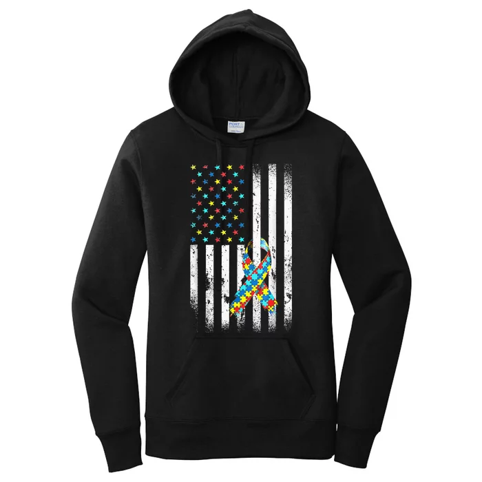 Autism Awareness Distressed American Flag Puzzle Ribbon Women's Pullover Hoodie