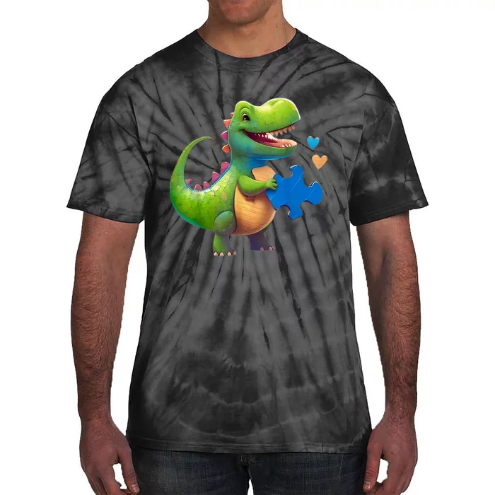 Autism Awareness Dinosaur Puzzle Piece Love Autistic Support Tie-Dye T-Shirt