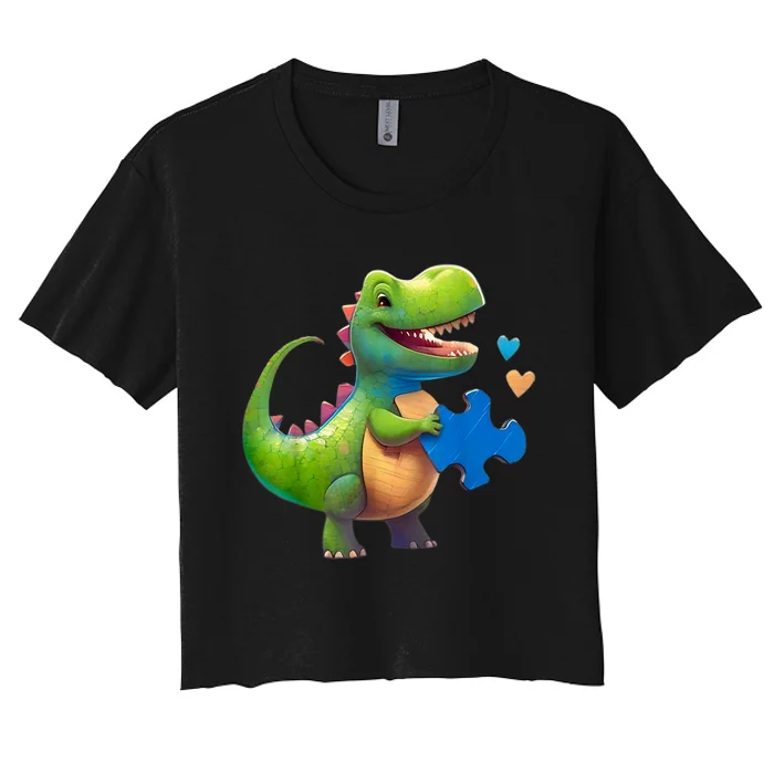 Autism Awareness Dinosaur Puzzle Piece Love Autistic Support Women's Crop Top Tee