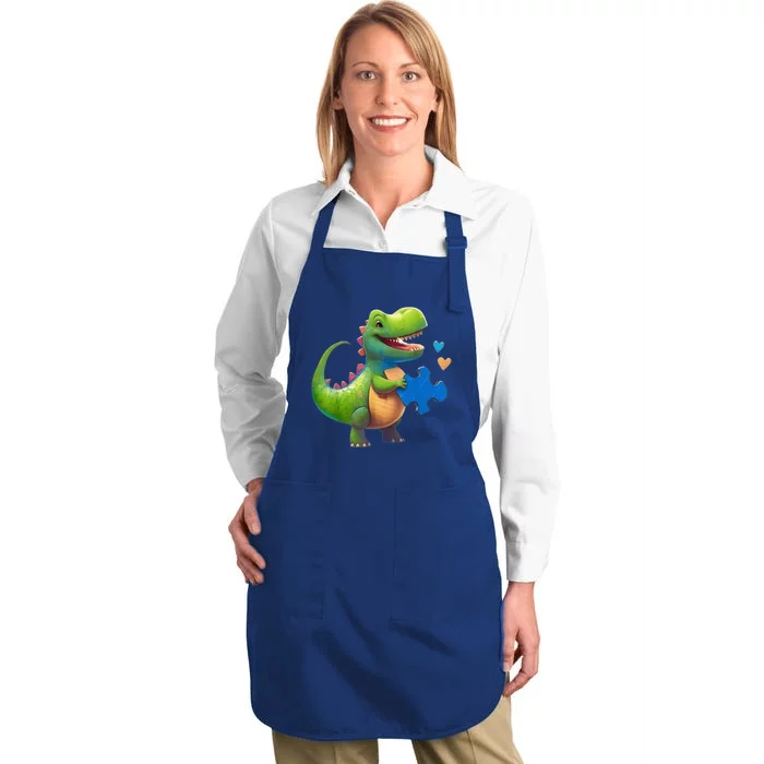 Autism Awareness Dinosaur Puzzle Piece Love Autistic Support Full-Length Apron With Pocket