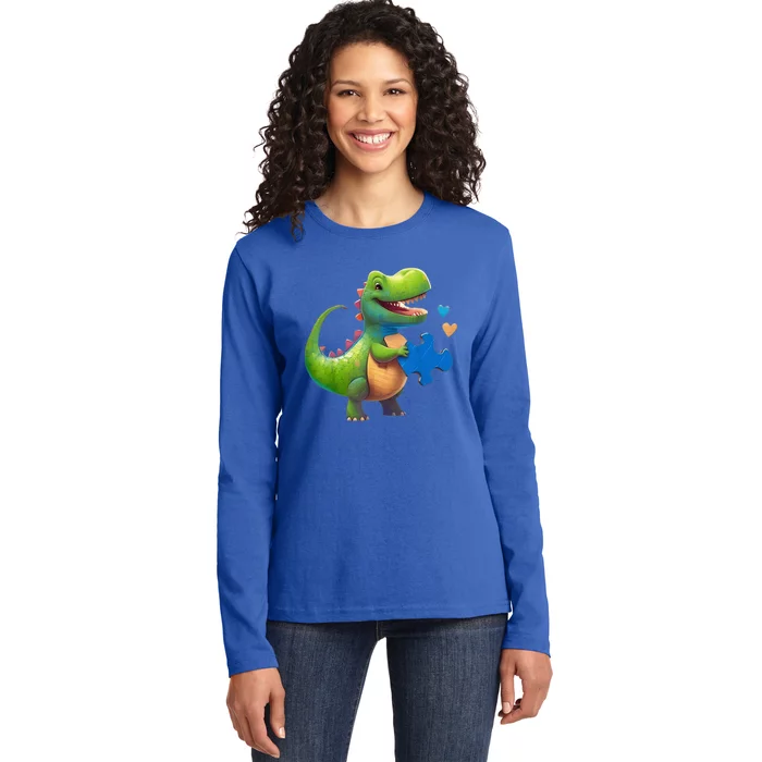 Autism Awareness Dinosaur Puzzle Piece Love Autistic Support Ladies Long Sleeve Shirt