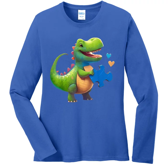 Autism Awareness Dinosaur Puzzle Piece Love Autistic Support Ladies Long Sleeve Shirt