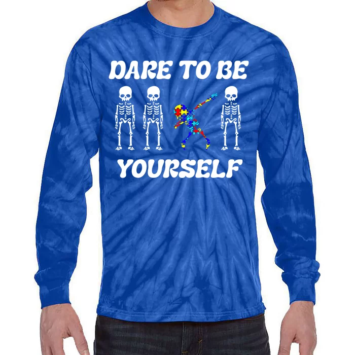 Autism Awareness Dare To Be Yours Dabbing Skeleton Puzzle Gift Tie-Dye Long Sleeve Shirt